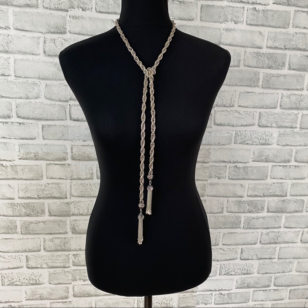 Long metal chain fringe tassel crystal necklace - Picture 6 of 8